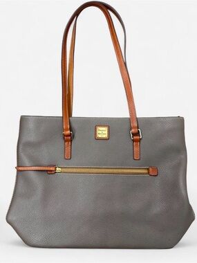 Dooney & Bourke Gray Pebble Leather Tote with Brown Trim and Straps